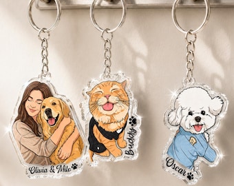 Personalized Pet Portrait From Photo Keychain, Couples With Photo Keychain, Custom Dog Cat Photo, Pet Lovers Gift, Dog Mom, Dog Dad Gift