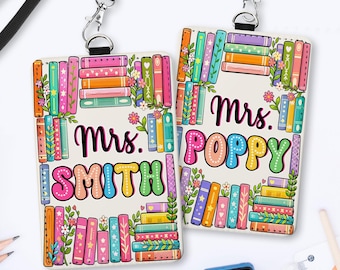 Personalized Floral Books Teacher Name PU Leather ID Card Holder, Back To School Lanyard Accessory