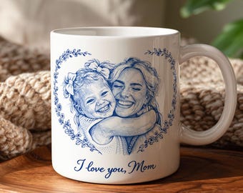 Personalized Toile de Jouy Photo Mug, Custom Mother's Day Gift For Mom Grandma