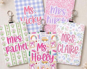 Personalized Gingham Floral Leather ID Holder For Teachers: Back To School Teacher Gifts, Vintage Pastel School Supplies