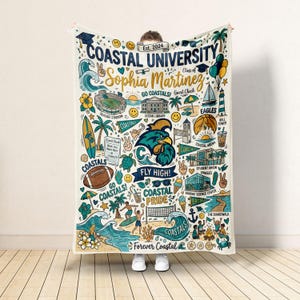 Puede incluir: Una manta blanca con un dise&ntilde;o colorido que incluye el texto "COASTAL UNIVERSITY" y "Sophia Martinez". El dise&ntilde;o incluye ilustraciones de un estadio, olas, un faro y palmeras. La manta est&aacute; sujeta por una persona.