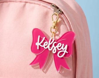 Personalized Coquette Acrylic Kids Name Bag Tag, Custom Backpack Keychain, Waterbottle Tag, Diaper Bag, Lunchbox Name Tag, School Name Plate