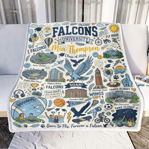 Puede incluir: Una manta personalizada con un dise&ntilde;o azul y dorado, con el texto "FALCONS UNIVERSITY" y el nombre "Mia Thompson, Clase de 2026." La manta incluye ilustraciones de un halc&oacute;n, un estadio y otros iconos universitarios.