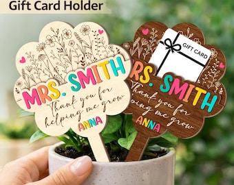 Personalized Teacher Plant Stake: Wood Gift Card Holder, Thank You Appreciation Gift