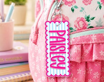 Personalized Striped Acrylic Kids Name Bag Tag, Backpack Keychain Tag, Water Bottle Tag, Diaper Bag, Lunchbox Name Tag, School Name Plate