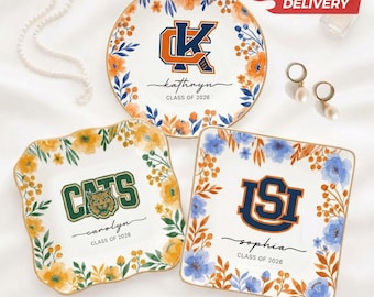 Personalized Flower University College Logo Ring Dish, Graduation University Jewelry Tray, Class Of 2026 Gift, Graduation 2026 Gift For Her