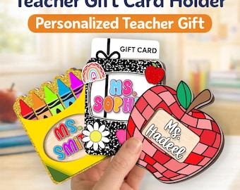 Personalized Teacher Gift Card Holder: Crayon Box, Apple, Notebook Designs
