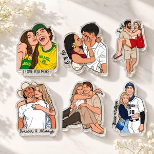 May include: Six clear acrylic plaques featuring custom digital illustrations of couples. Designs include couples in Brazil jerseys with text I LOVE YOU MORE, initials A & G, a couple embracing, a cowboy hat wearer, and a baseball player with text Grace & Nathan.
