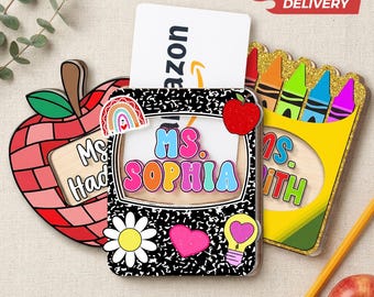 Personalized Teacher Gift Card Holder: Crayon Box, Apple, Notebook Designs