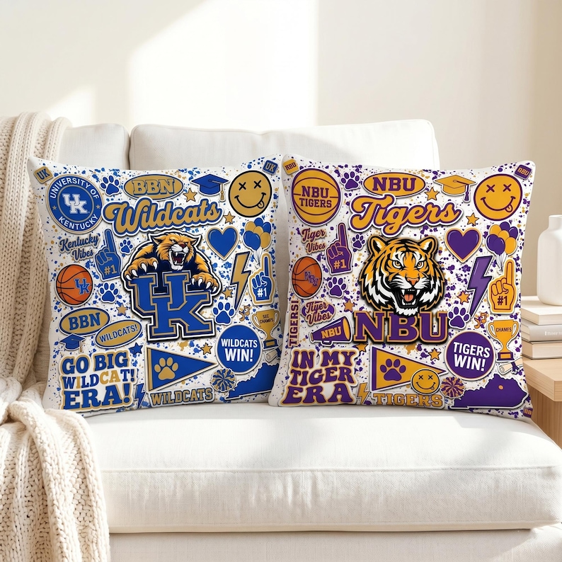 Puede incluir: Dos cojines cuadrados con fondos blancos. Uno presenta detalles en azul, el texto "Wildcats" y un gr&aacute;fico de gato mont&eacute;s. El otro tiene detalles en morado, el texto "Tigers" y un gr&aacute;fico de tigre. Ambos cojines tienen varios gr&aacute;ficos.