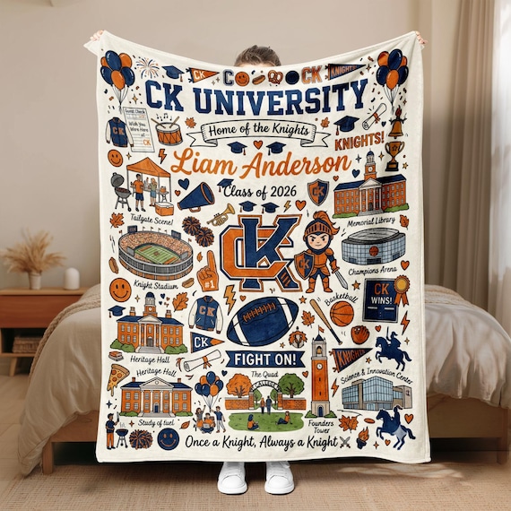 Personalized University Campus Blanket, Custom College Fleece Throw, Graduation 2026 Gift