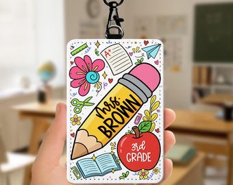 Personalized Pencil Teacher Name PU Leather ID Card Holder, Back To School Lanyard Accessory