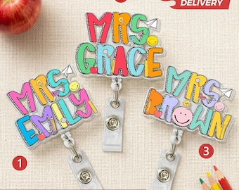 Custom Groovy Teacher Name Badge Reel: Personalized ID Clip, Acrylic Teacher Gift