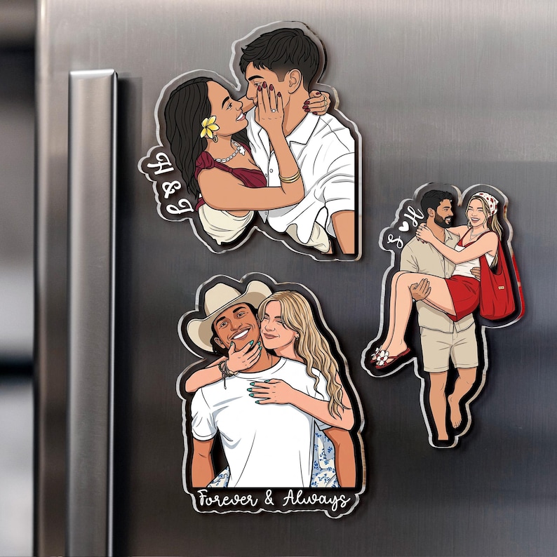 May include: Three custom acrylic magnets featuring illustrated couples. One shows a couple embracing with the text H & J. Another depicts a person carrying another with the text S & H. The third shows a couple with the text Forever & Always.