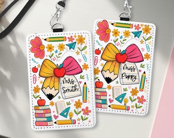 Custom Floral Pencil Teacher Name Badge Reel: Personalized ID Clip, Classroom Accessory