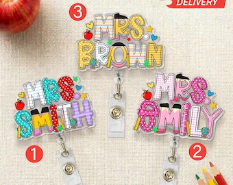 Custom School Pattern Name Teacher Badge Reel: Personalized ID Clip, Acrylic ID Holder