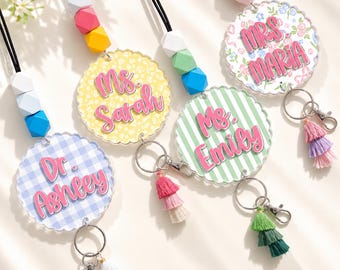 Personalized 2 Layer Teacher ID Badge with Beaded Lanyard, Custom Acrylic Beaded Teacher Name Badge With Tassel, Back to School Gift