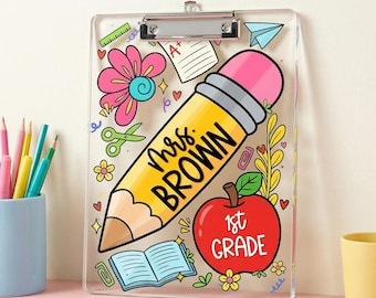Personalized Acrylic Teacher Clipboard, Pencil Name Design, Back To School Supplies