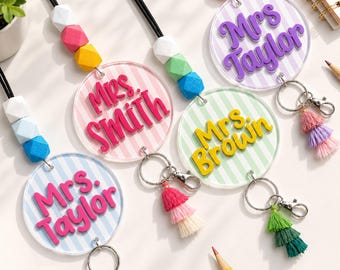 Personalized 2 Layer Teacher ID Badge with Beaded Lanyard, Custom Acrylic Beaded Teacher Name Badge With Tassel, Back to School Gift