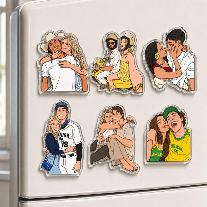 May include: A set of six custom acrylic magnets featuring illustrated couples in various scenes, including a person in a cowboy hat, a couple on a yellow scooter, a pair embracing, a baseball player, a seated couple, and a pair in Brazil shirts.