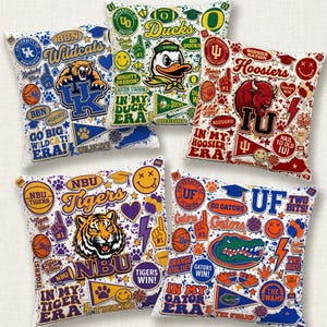 Puede incluir: Cinco cojines decorativos con logotipos y mascotas de equipos universitarios. Los cojines presentan los Wildcats de la Universidad de Kentucky, los Ducks de la Universidad de Oreg&oacute;n, los Hoosiers de la Universidad de Indiana, los Tigres NBU y los Gators de la Universidad de Florida.
