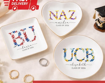 Custom Floral University Logo Jewelry Dish, Class of 2026 Graduation Gift