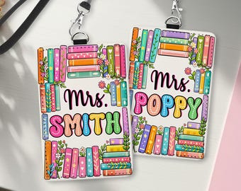 Personalized Floral Books Teacher Name PU Leather ID Card Holder, Back To School Lanyard Accessory