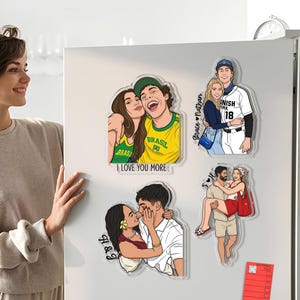 May include: Four custom acrylic magnets featuring illustrated couples. One shows a couple in Brazil shirts with the text I LOVE YOU MORE. Another depicts a couple with the text Grace Nathan. A third shows a couple with A & J. The last shows a couple.