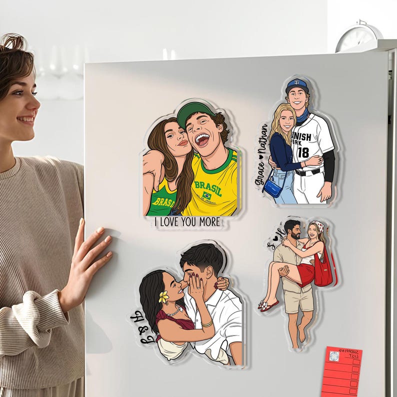 May include: Four custom acrylic magnets featuring illustrated couples. One shows a couple in Brazil shirts with the text I LOVE YOU MORE. Another depicts a couple with the text Grace Nathan. A third shows a couple with A & J. The last shows a couple.