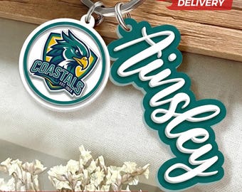 Personalized Name Keychain With College School Logo Charm, Custom Backpack Accessory, Graduation Gift