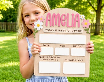 Custom Wooden First Day of School Kids Girls Sign, Back To School Reusable Board, Preschool Kindergarten 1st Day of School Name Sign