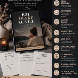 May include: A digital workbook titled ICH DENKE ZU VIEL featuring a cover image of a person looking at a landscape. The set includes three printed worksheets with sections for thoughts, facts, and decisions, alongside a list of features.