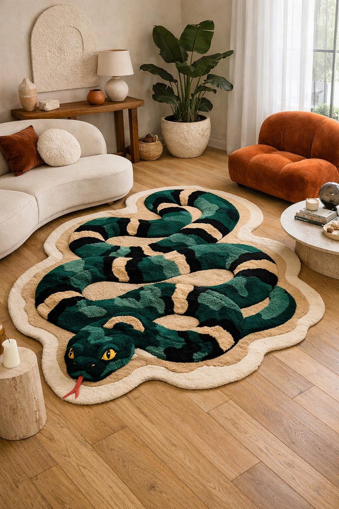 Small Snake Rug Green Snake Shape Rug – Hand Tufted Irregular Animal Rug for Modern ...