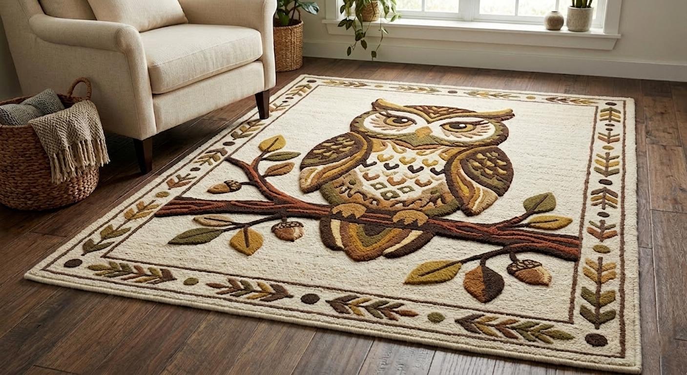 Vintage Owl Hand Tufted Rug, Rectangular Woodland Forestcore Wool Area Carpet
