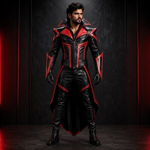 May include: A black and red leather-style outfit featuring a structured jacket with a high collar, pointed shoulder accents, and a long tailcoat back. The ensemble includes matching black trousers with red paneling and black gloves and boots.