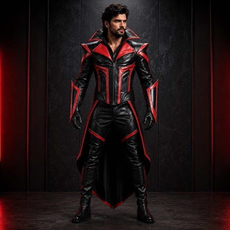 May include: A black and red leather-style outfit featuring a structured jacket with a high collar, pointed shoulder accents, and a long tailcoat back. The ensemble includes matching black trousers with red paneling and black gloves and boots.
