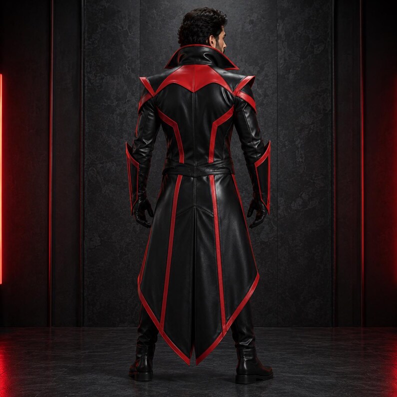 May include: A long black leather coat featuring vibrant red trim accents along the collar, shoulders, sleeves, and hem. The coat has a structured high collar, pointed shoulder details, and a flared tail design, paired with matching black gloves.
