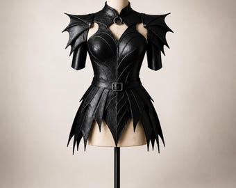 Black Dragon Leather Armor Women, Gothic Bat Wing Corset Dress, Dark Fantasy LARP Warrior Cuirass, Ren Faire Female Cosplay Costume