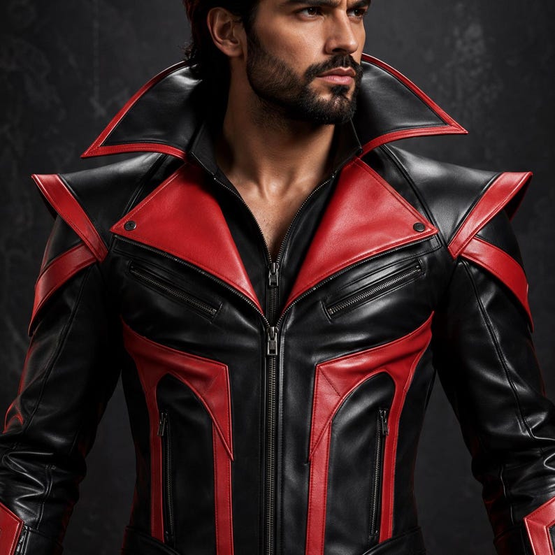 Men's Gothic Warrior Leather Costume, Red Black Vampire Cosplay Armor Suit image 7