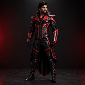 May include: A black and red leather-style long coat with a high collar, structured shoulders, and matching black trousers. The ensemble includes forearm guards and tall black boots, featuring a sleek, fitted design with sharp red panel accents.