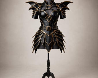 May include: A black bodice and skirt set featuring gold-toned trim and metallic accents. The garment includes structured shoulder pieces, a high collar with a central ring, a buckled waist belt, and a layered, pointed hemline on the skirt.