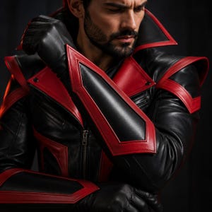 May include: A black and red leather jacket featuring a high collar, structured shoulder panels, and matching forearm gauntlets. The jacket includes a central silver zipper, zippered chest pockets, and sharp geometric red leather trim accents.