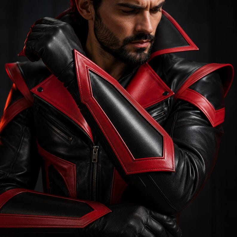 May include: A black and red leather jacket featuring a high collar, structured shoulder panels, and matching forearm gauntlets. The jacket includes a central silver zipper, zippered chest pockets, and sharp geometric red leather trim accents.