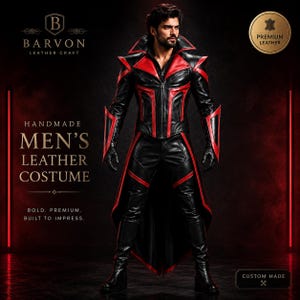 Man wearing a handmade black and red leather costume with high collar, fitted leather jacket, arm guard details, long coat panels, gloves, boots, and gothic vampire warrior style in a dark studio background.