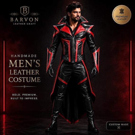 Men's Gothic Warrior Leather Costume, Red Black Vampire Cosplay Armor Suit