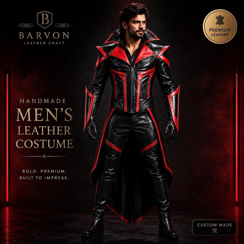 Man wearing a handmade black and red leather costume with high collar, fitted leather jacket, arm guard details, long coat panels, gloves, boots, and gothic vampire warrior style in a dark studio background.