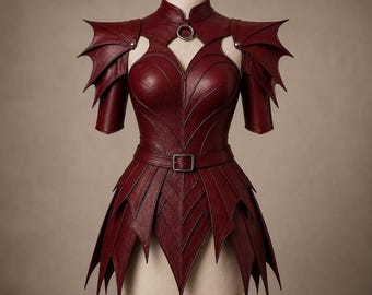 May include: A dark red leather bodice featuring a high collar with a metal ring, structured shoulder pieces with pointed edges, a sweetheart neckline, and a belted waist. The garment has a layered, jagged hemline and short sleeves.