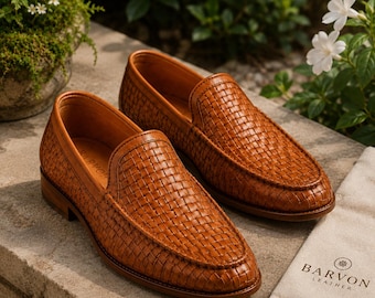Men’s Woven Leather Loafers, Handmade Braided Penny Slip-On Dress Shoes, Wedding & Formal Shoes for Men