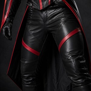 May include: Black leather pants featuring red accent stripes across the thighs and knees, paired with a matching black leather jacket with red trim and a long back panel, worn with black leather gloves that have red piping along the outer edges.