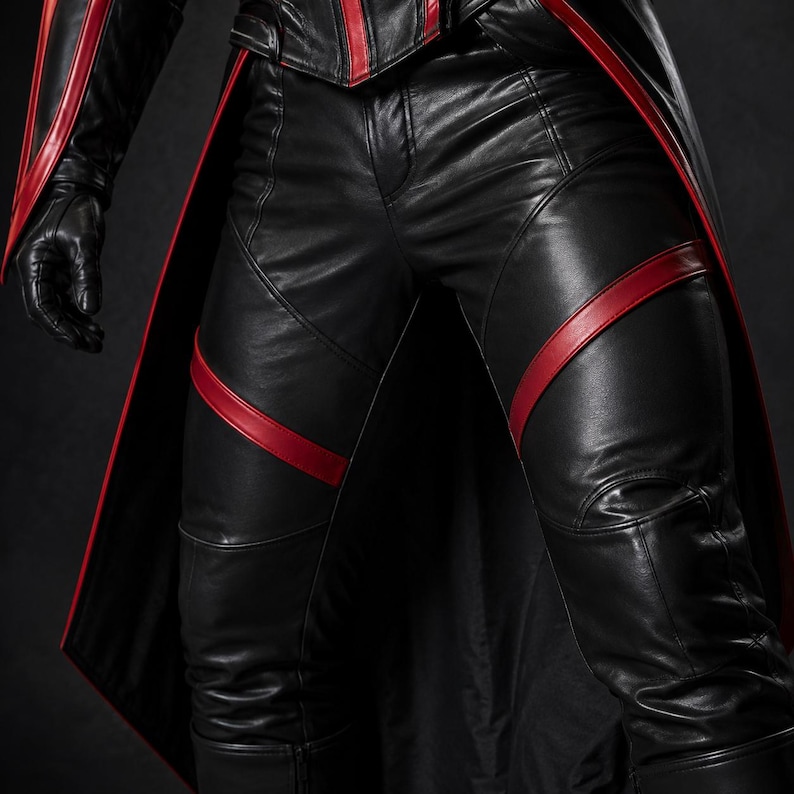 May include: Black leather pants featuring red accent stripes across the thighs and knees, paired with a matching black leather jacket with red trim and a long back panel, worn with black leather gloves that have red piping along the outer edges.